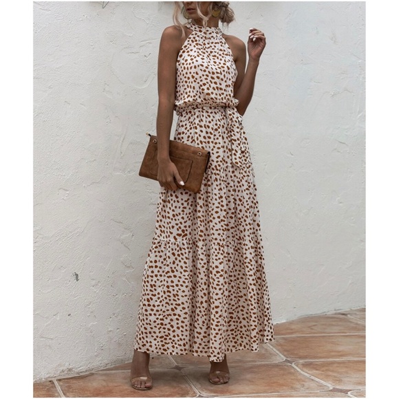 Boho Red White leopard Print Halter Ruffle Maxi Dress - Picture 12 of 13